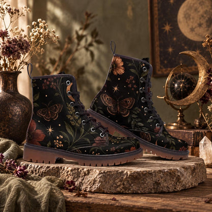 Celestial Moth Botanical Lace Up Boots, Starry Dark Garden Ankle Shoes