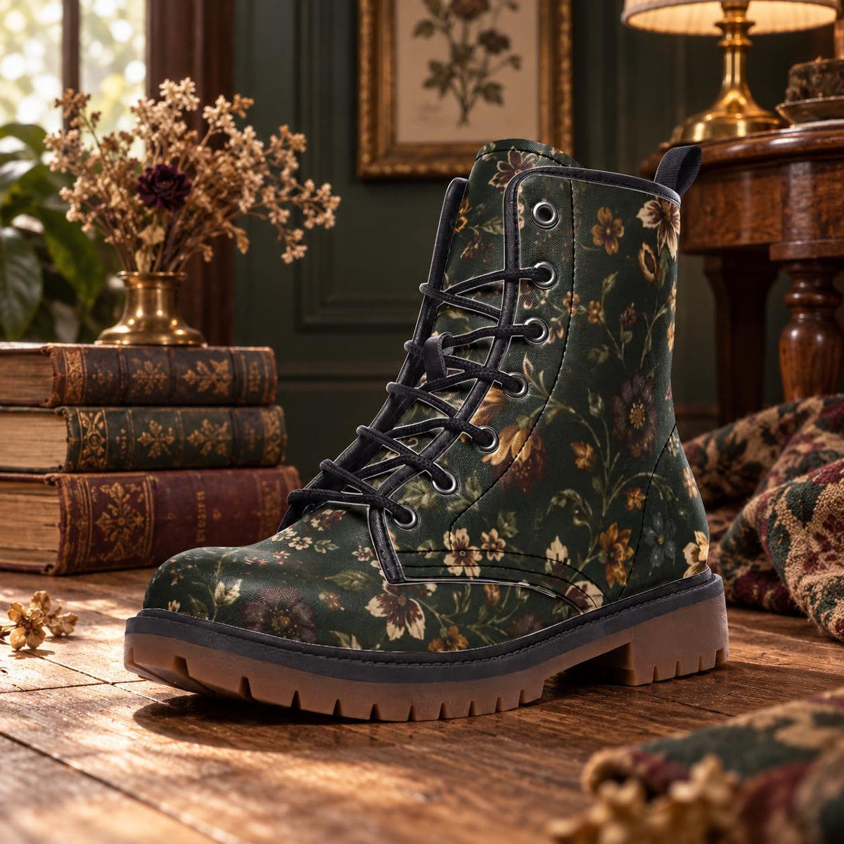 Dark Botanical Floral Lace Up Boots, Moody Garden Chunky Sole Ankle Shoes