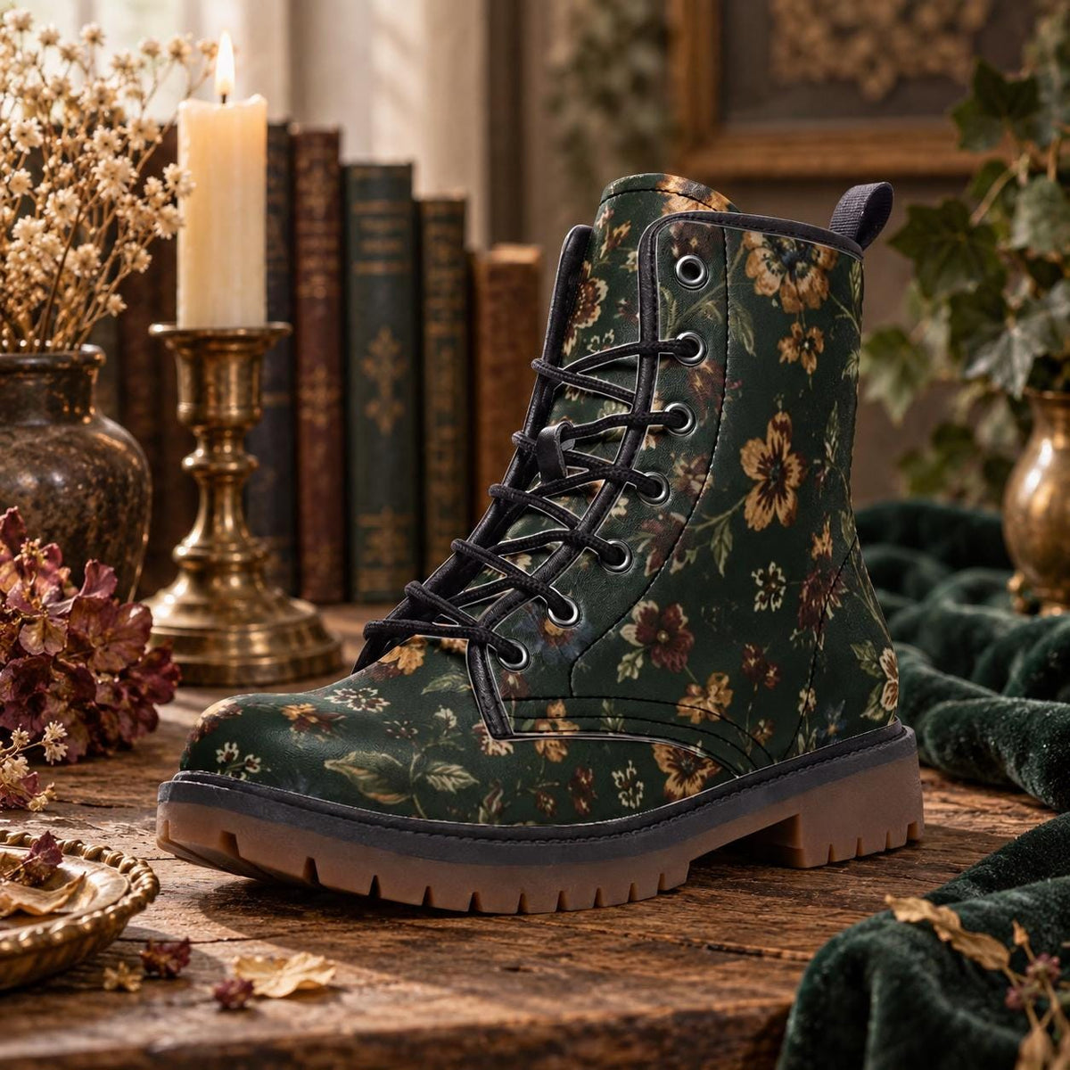 Dark Wildflower Combat Boots, Rust Floral Lace Up Ankle Boots
