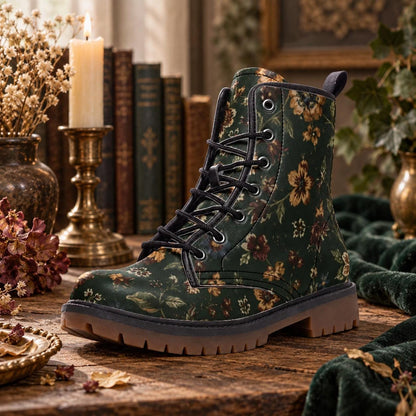 Dark Wildflower Combat Boots, Rust Floral Lace Up Ankle Boots