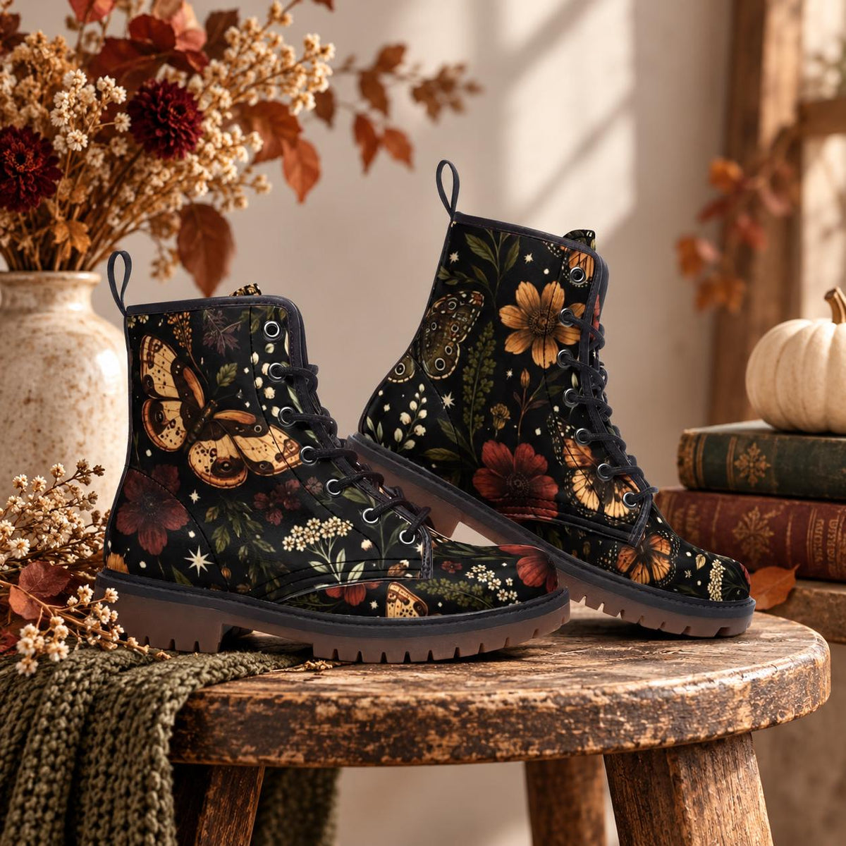 Moth Ankle Boots With Lace Up Front, Dark Botanical Floral Print