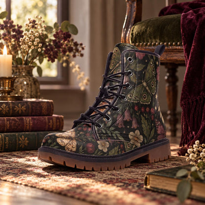 Moth and Rose Combat Boots, Dark Botanical Lace Up Ankle Boots