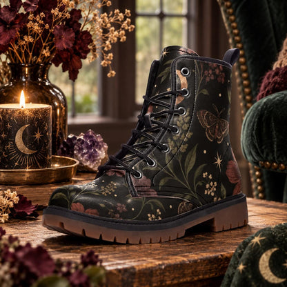 Celestial Moth Botanical Lace Up Boots, Starry Dark Garden Ankle Shoes