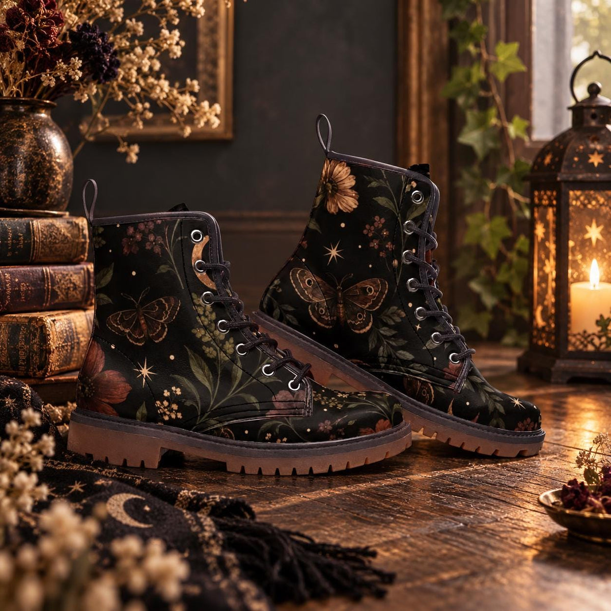 Celestial Moth Botanical Lace Up Boots, Starry Dark Garden Ankle Shoes