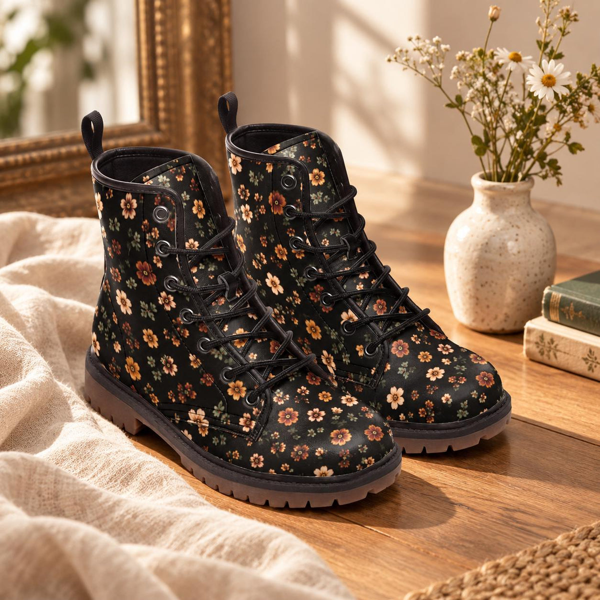 Retro Daisy Lace Up Boots, Orange Floral Chunky Sole Ankle Shoes