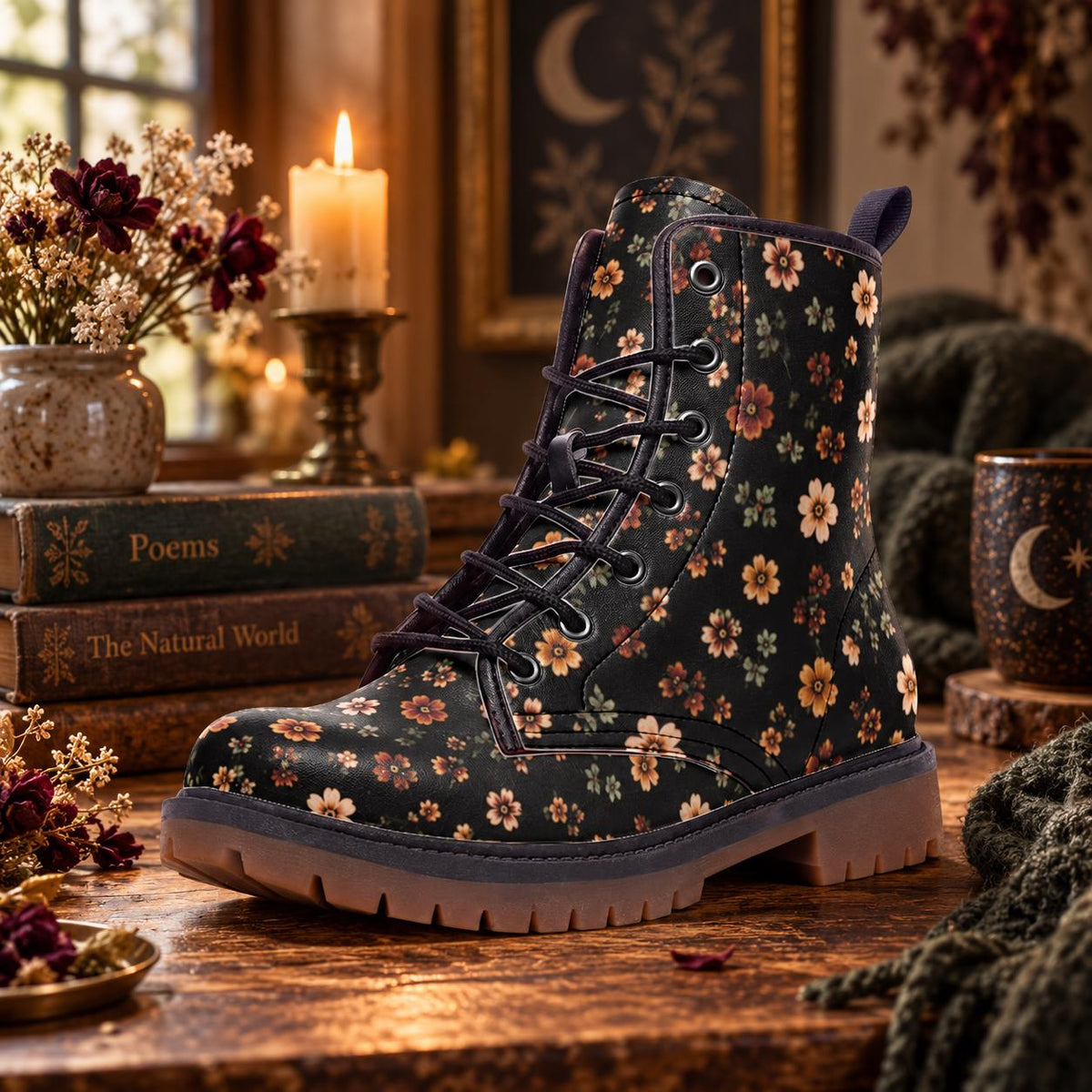 Retro Daisy Lace Up Boots, Orange Floral Chunky Sole Ankle Shoes