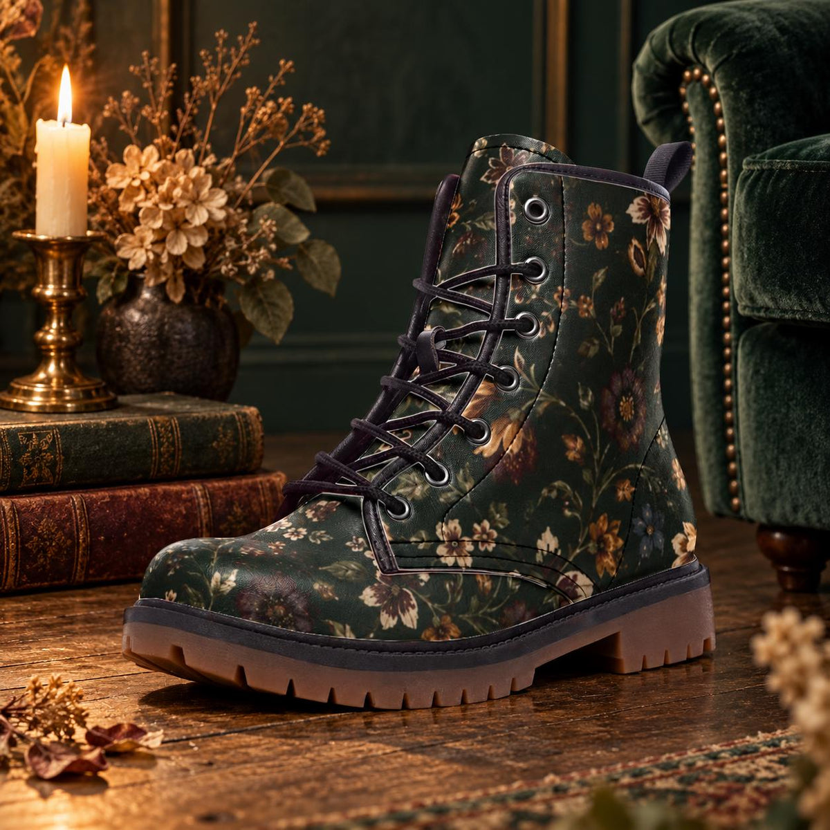 Dark Botanical Floral Lace Up Boots, Moody Garden Chunky Sole Ankle Shoes