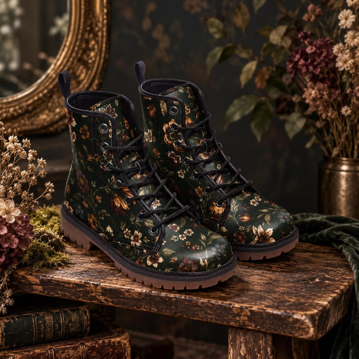 Dark Botanical Floral Lace Up Boots, Moody Garden Chunky Sole Ankle Shoes