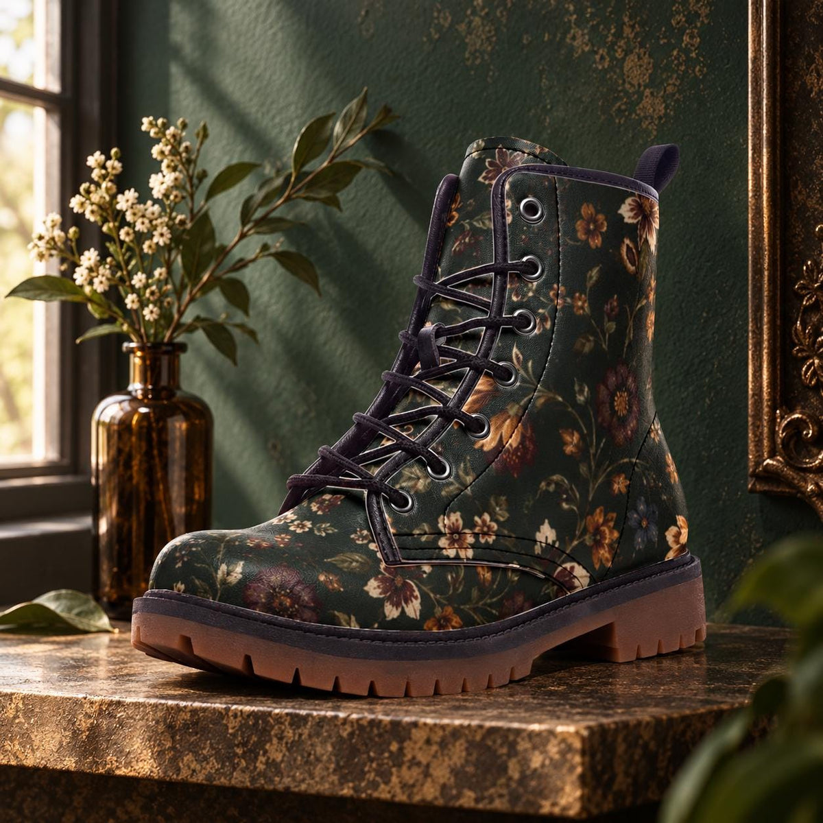Dark Botanical Floral Lace Up Boots, Moody Garden Chunky Sole Ankle Shoes