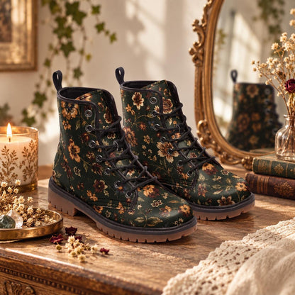 Dark Wildflower Combat Boots, Rust Floral Lace Up Ankle Boots