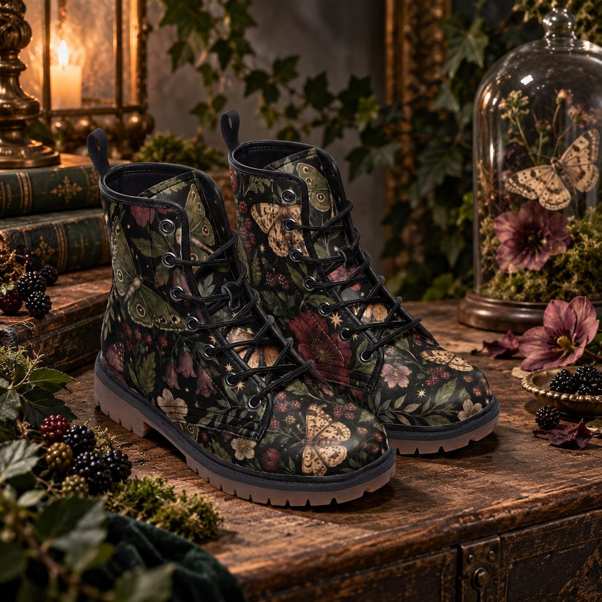 Moth and Rose Combat Boots, Dark Botanical Lace Up Ankle Boots