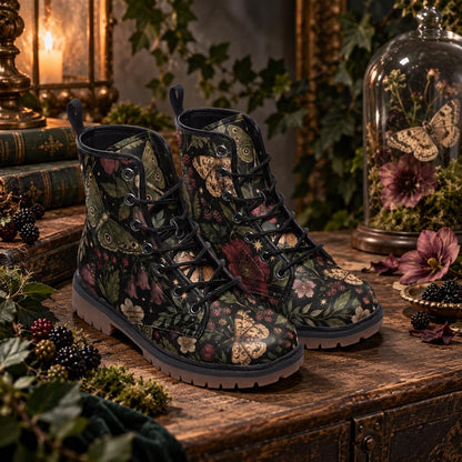 Moth and Rose Combat Boots, Dark Botanical Lace Up Ankle Boots