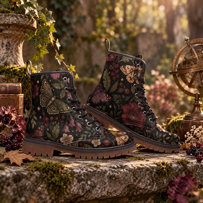 Moth and Rose Combat Boots, Dark Botanical Lace Up Ankle Boots