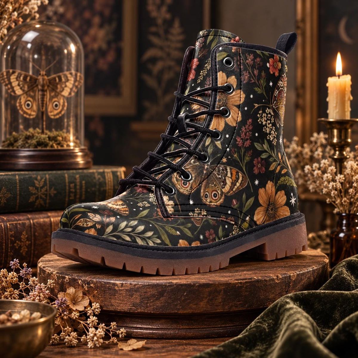 Whimsigoth Moth Floral Lace Up Boots, Dark Botanical Chunky Sole Ankle Shoes