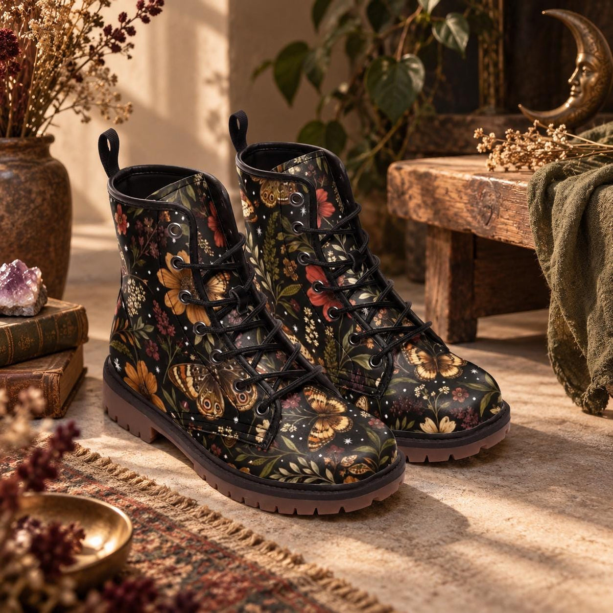 Whimsigoth Moth Floral Lace Up Boots, Dark Botanical Chunky Sole Ankle Shoes