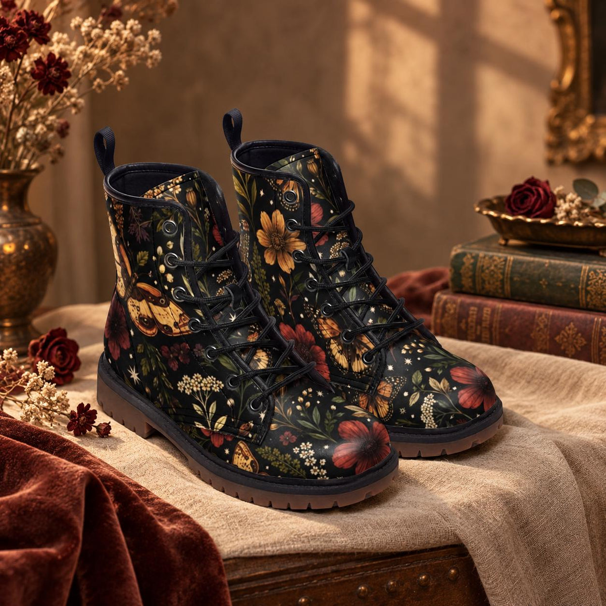 Moth Ankle Boots With Lace Up Front, Dark Botanical Floral Print