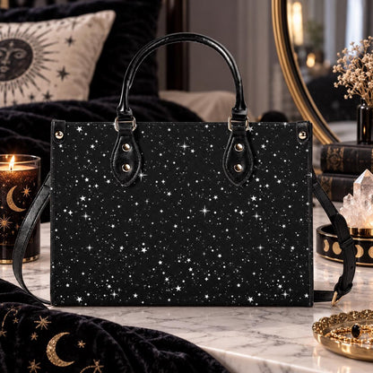 Starry Night Handbag, Black Celestial Crossbody Bag With Silver Stars