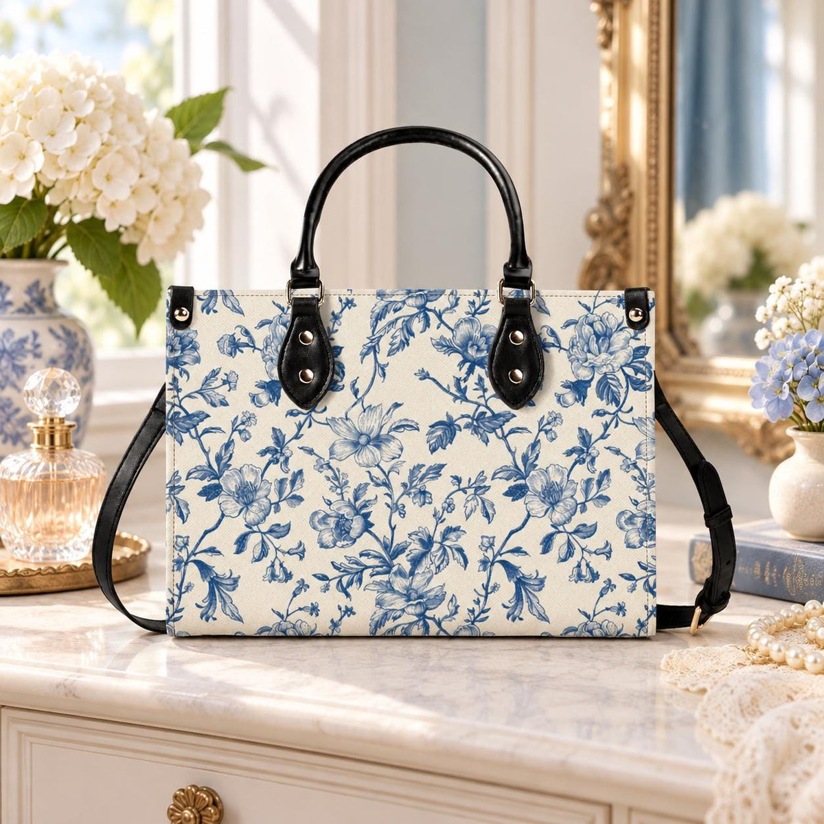 Chinoiserie Floral Vine Top Handle Crossbody Bag, Cobalt Blue Botanical Purse
