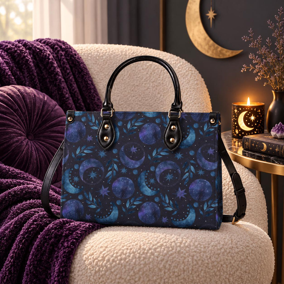 Celestial Crescent Moon Handbag with Blue Stars and Crossbody Strap