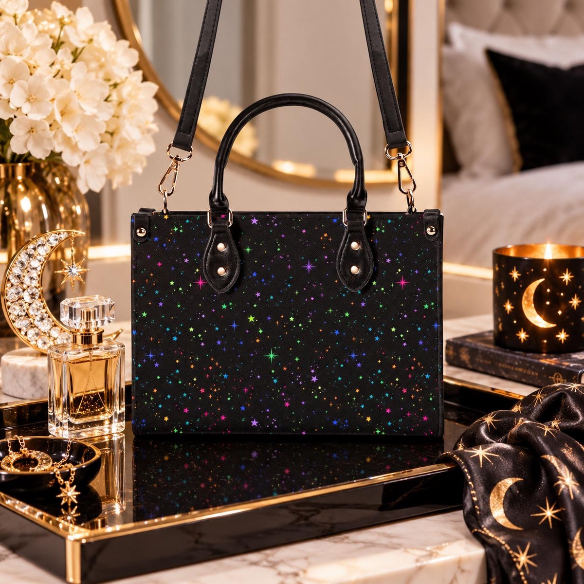 Star Speckled Top Handle Handbag with Detachable Crossbody Strap