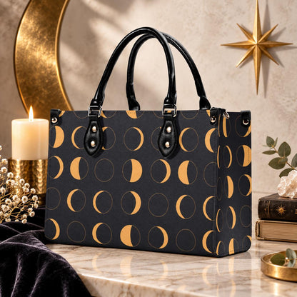Moon Phase Handbag with Warm Gold Crescents and Crossbody Strap