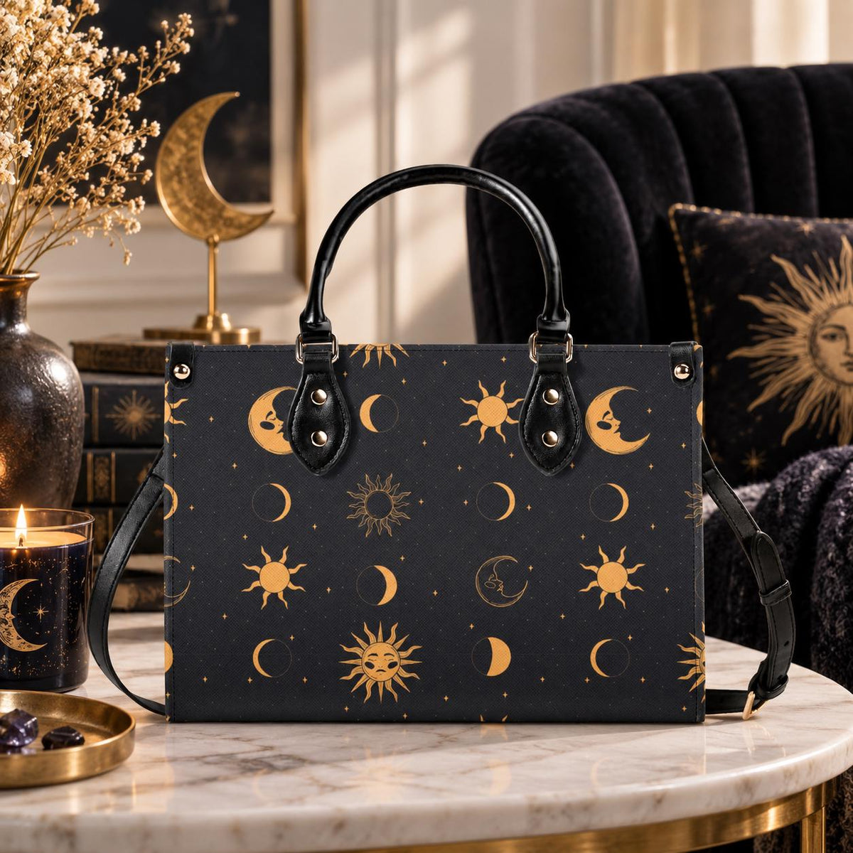 Celestial Sun and Moon Handbag with Top Handles and Crossbody Strap