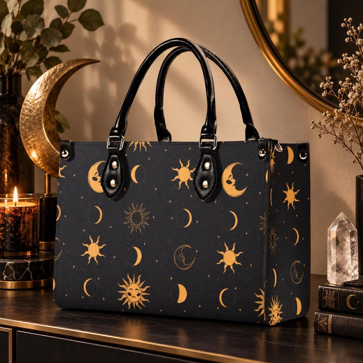 Celestial Sun and Moon Handbag with Top Handles and Crossbody Strap