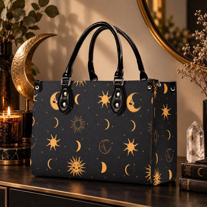 Celestial Sun and Moon Handbag with Top Handles and Crossbody Strap