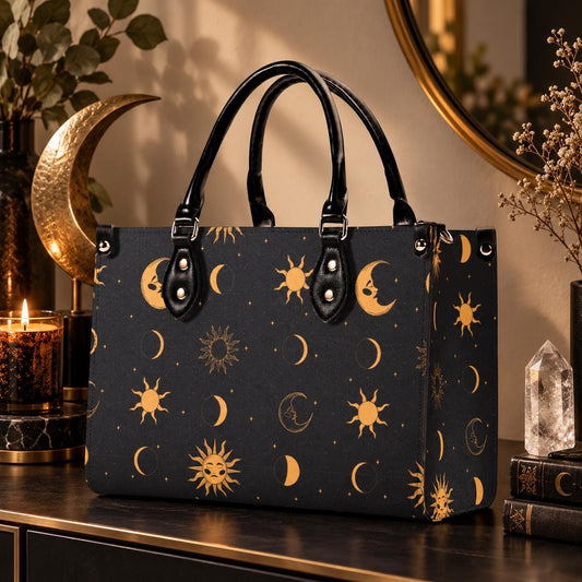 Celestial Sun and Moon Handbag with Top Handles and Crossbody Strap