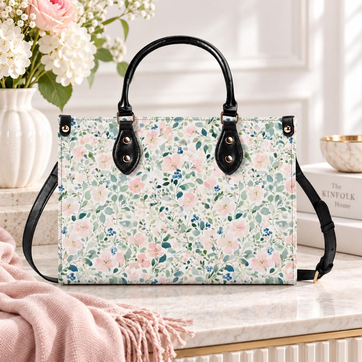 Romantic Floral Top Handle Handbag with Blush Blossoms and Crossbody Strap