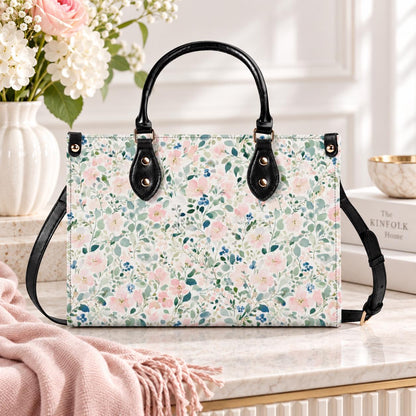 Romantic Floral Top Handle Handbag with Blush Blossoms and Crossbody Strap