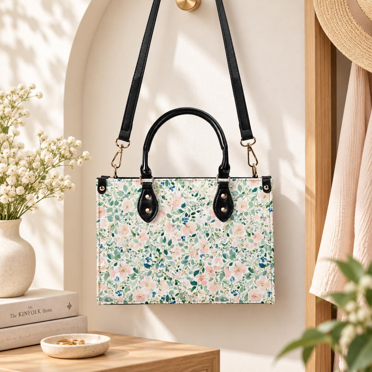 Romantic Floral Top Handle Handbag with Blush Blossoms and Crossbody Strap