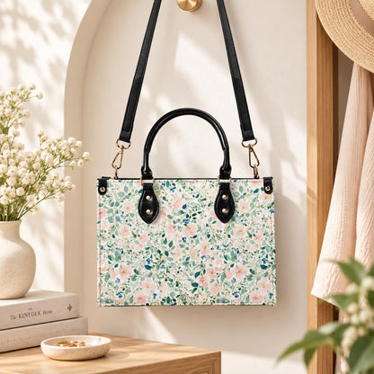 Romantic Floral Top Handle Handbag with Blush Blossoms and Crossbody Strap