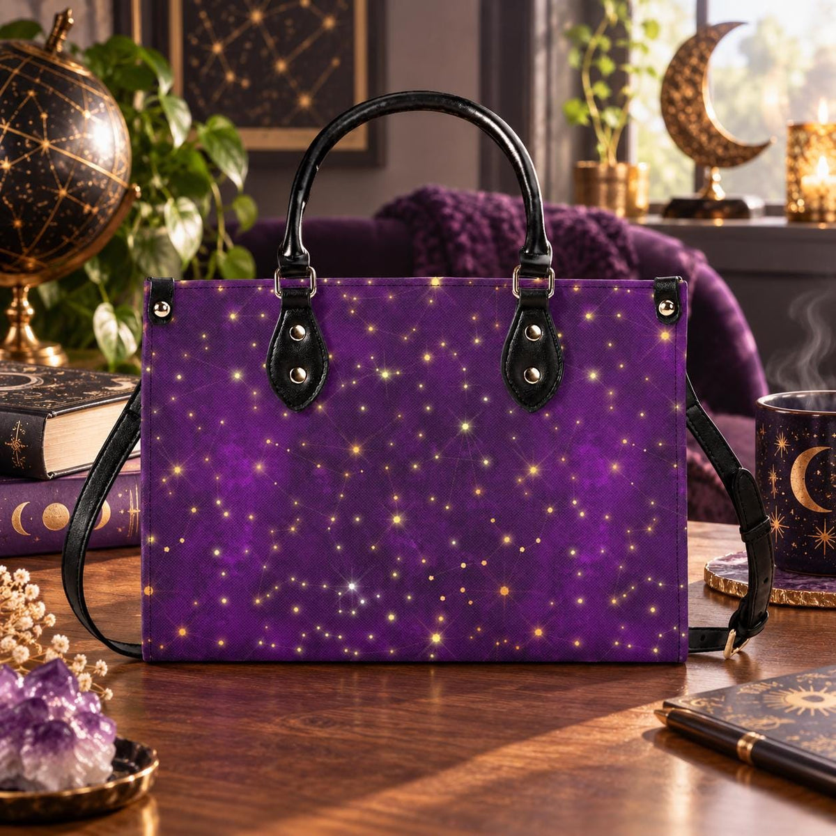 Whimsigoth Starry Sky Handbag, Purple Top Handle Crossbody Bag