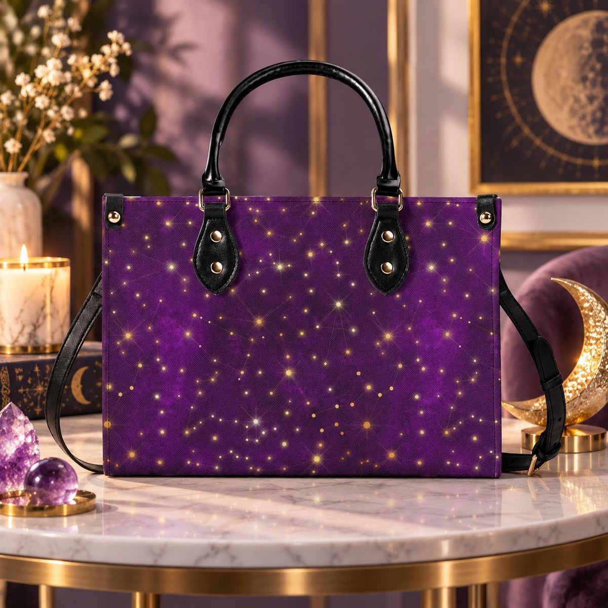 Whimsigoth Starry Sky Handbag, Purple Top Handle Crossbody Bag