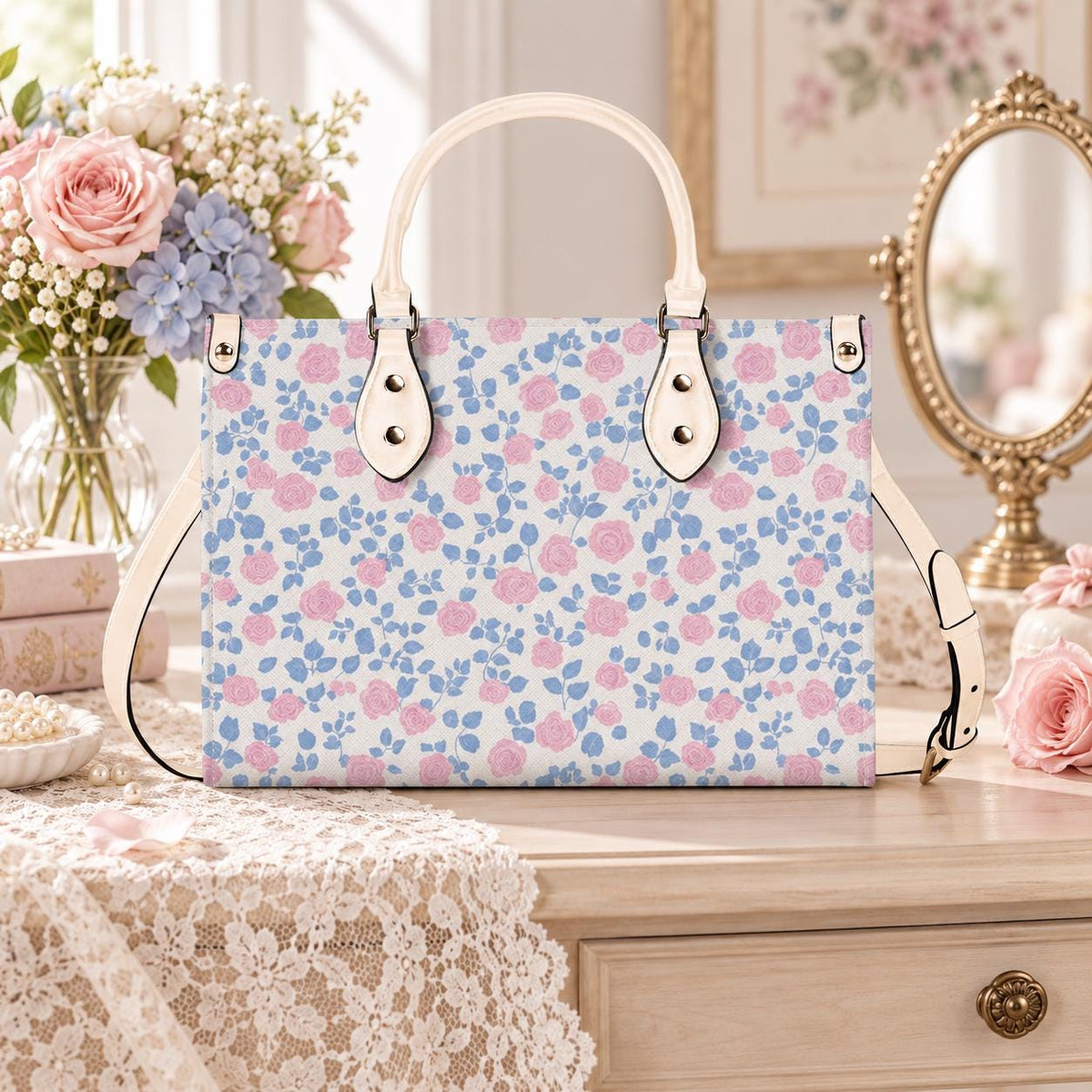 Romantic Ditsy Floral Handbag with Pink and Blue Blossoms and Crossbody Strap