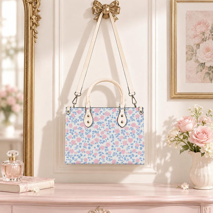 Romantic Ditsy Floral Handbag with Pink and Blue Blossoms and Crossbody Strap