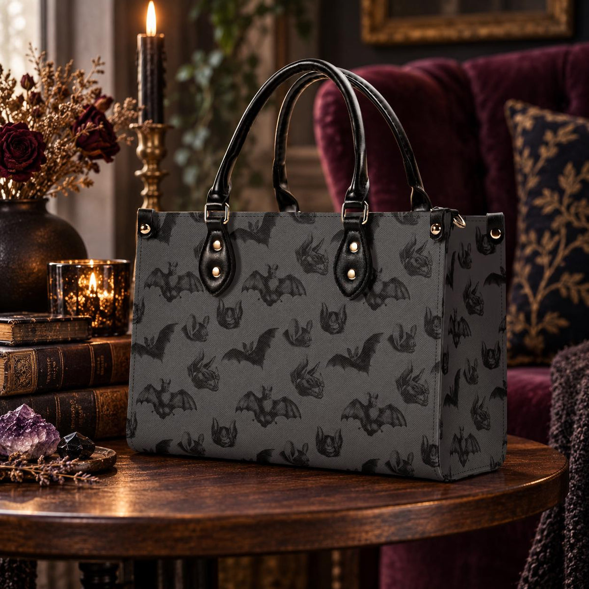 Bat Print Handbag, Gray Gothic Top Handle Crossbody Purse
