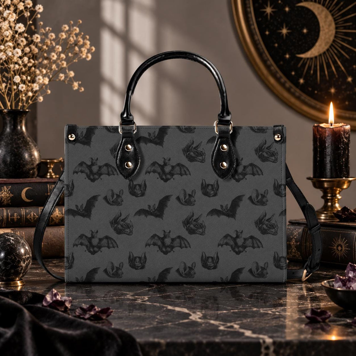 Bat Print Handbag, Gray Gothic Top Handle Crossbody Purse