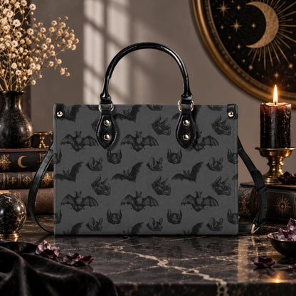 Bat Print Handbag, Gray Gothic Top Handle Crossbody Purse