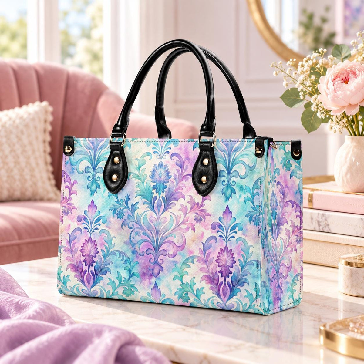 Ornate Damask Bag, Pastel Lavender Turquoise Top Handle Crossbody Purse