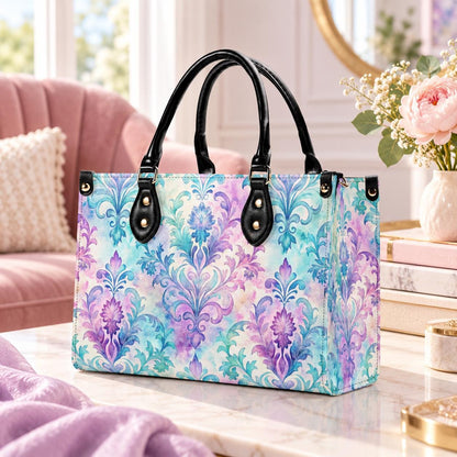Ornate Damask Bag, Pastel Lavender Turquoise Top Handle Crossbody Purse