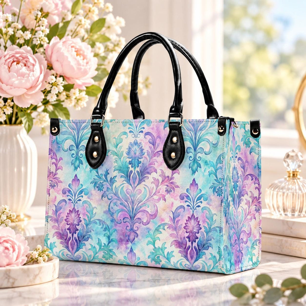 Ornate Damask Bag, Pastel Lavender Turquoise Top Handle Crossbody Purse