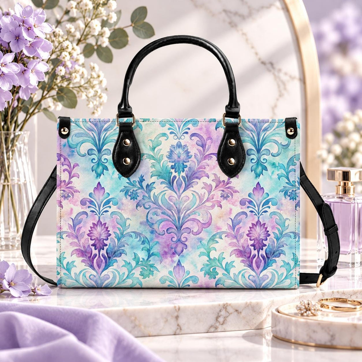 Ornate Damask Bag, Pastel Lavender Turquoise Top Handle Crossbody Purse