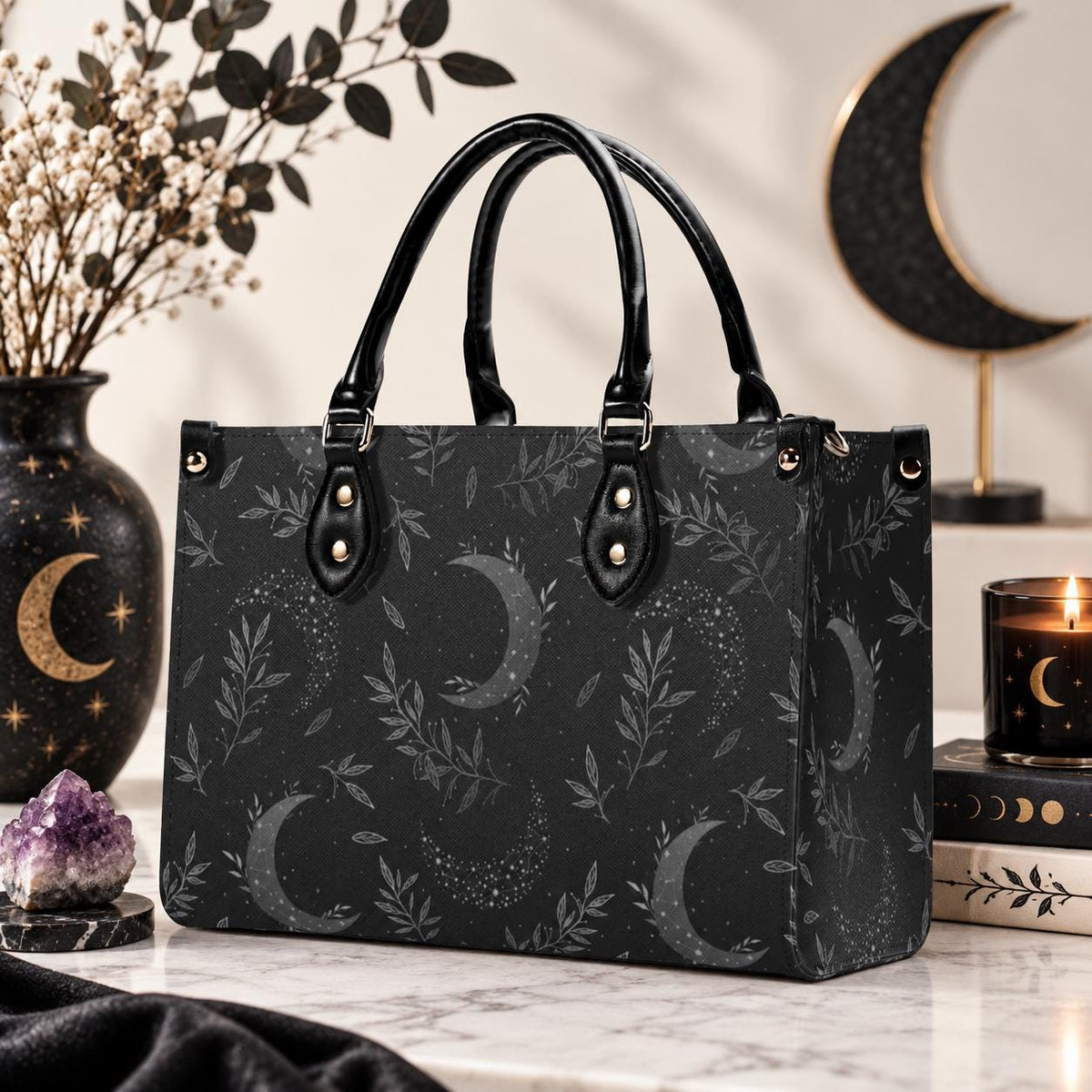 Crescent Moon Botanical Handbag, Black Leaf Print Crossbody Purse