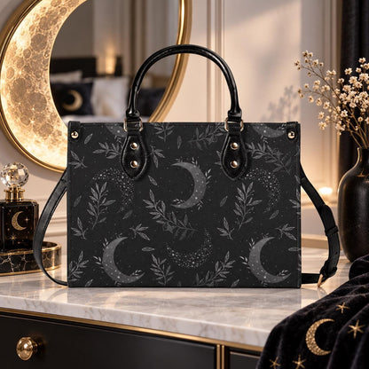 Crescent Moon Botanical Handbag, Black Leaf Print Crossbody Purse