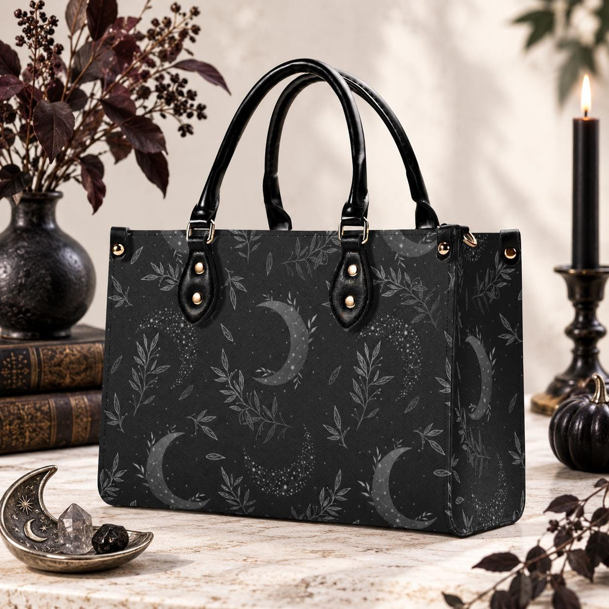 Crescent Moon Botanical Handbag, Black Leaf Print Crossbody Purse