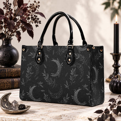 Crescent Moon Botanical Handbag, Black Leaf Print Crossbody Purse