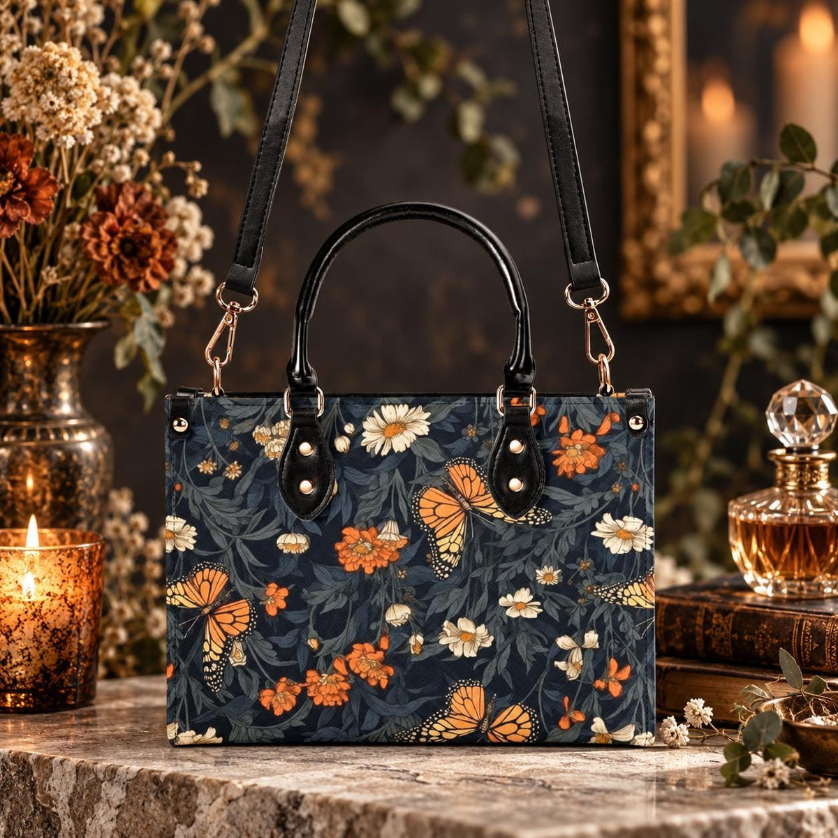 Romantic Butterfly Garden Top Handle Crossbody Bag, Botanical Floral Purse