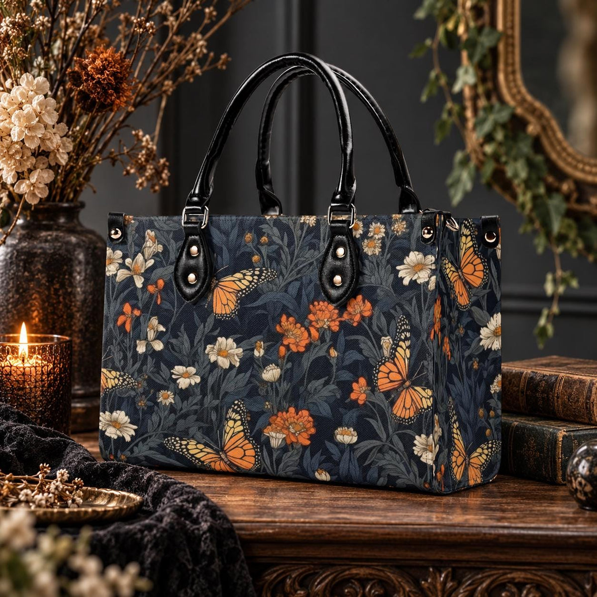 Romantic Butterfly Garden Top Handle Crossbody Bag, Botanical Floral Purse